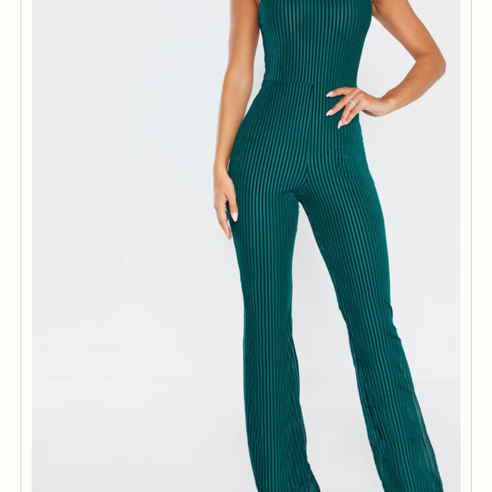 PrettyLittleThing Green Ribbed Knit Jumpsuit
